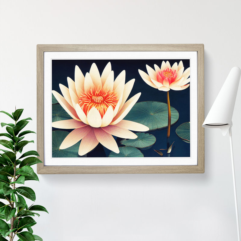 Mystical Water Lily Flowers 1 Piece Single Picture Frame Wall Art, 34cm H x 46cm W, Oak