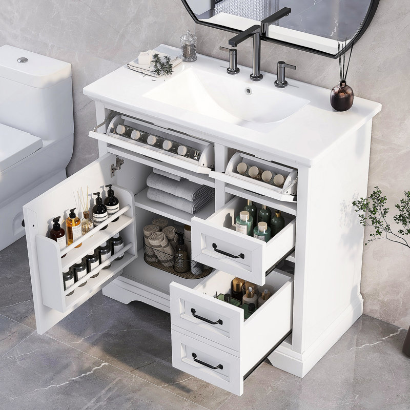 Meuble-lavabo avec lavabo, lavabo en céramique Aghanliss, 2 tiroirs rabattables, charnières de porte à fermeture en douceur