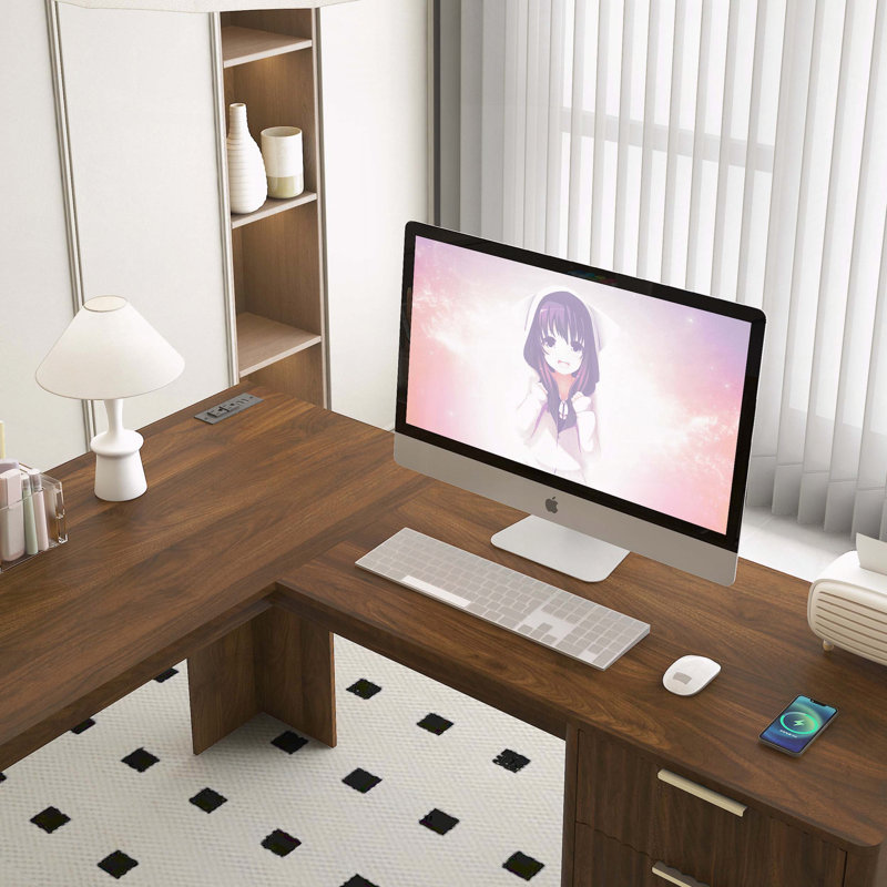 Bureau d'angle en L avec station de charge et rangement, Dark Wood