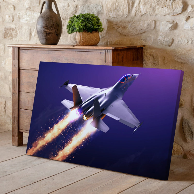 Reproduction d'art sur toile, un jet futuriste épuré monte dramatiquement contre un art mauve foncé, H 20 po x l 30 po