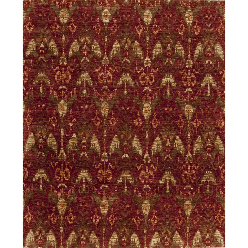 Tapis rouge / beige en laine noué à la main Vogue Ikat, Échantillon 2 x 3