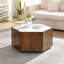 Table basse hexagonale rustique rétro en bois, avec 2 tiroirs cachés, dessus en marbre blanc texturé, finition chêne Walunt - pour le salon et la réception-577925721-577925727