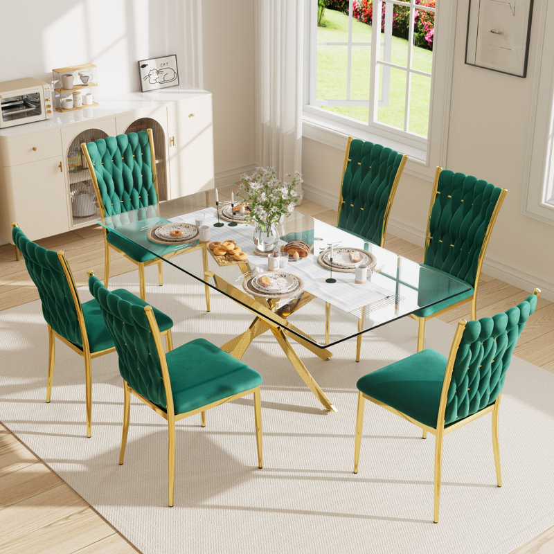 63" Rectangular Tempered Glass Table set, Green/Gold, 7