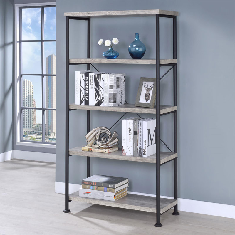 Bibliothèque de style industriel à 4 tablettes avec charme rustique et design polyvalent, Gris