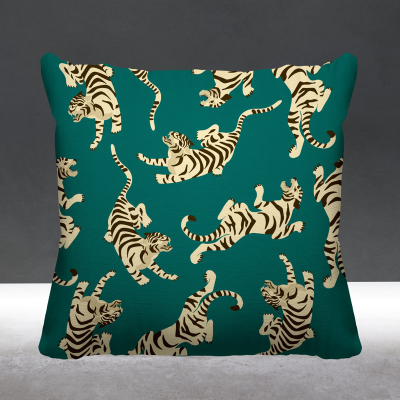 Coussin décoratif intérieur / extérieur Tigger Boho Tiger, L 15 po x H 15 po, Émeraude