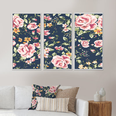 «Vintage Roses On Dark Blue II», ensemble de 3 reproductions d'art encadrées sur toile