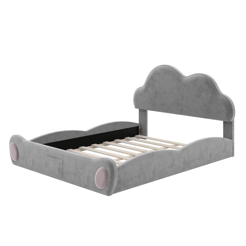 Grand lit plateforme tapissier à tête de lit grand format avec pied de lit arrondi et poche, gris