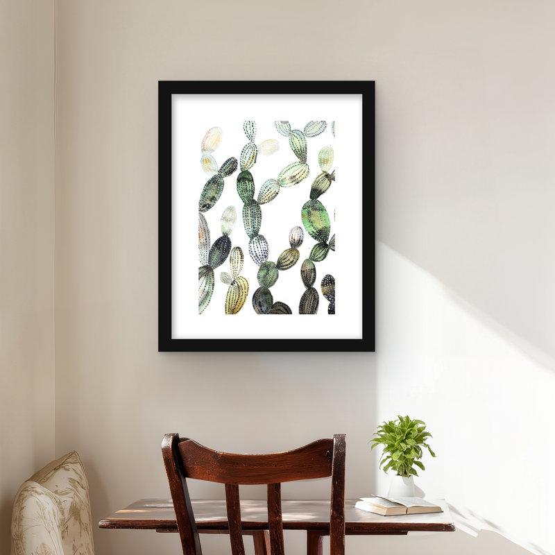 Motif de cactus Opuntia - reproduction encadrée mate pour décoration intérieure, Noir
