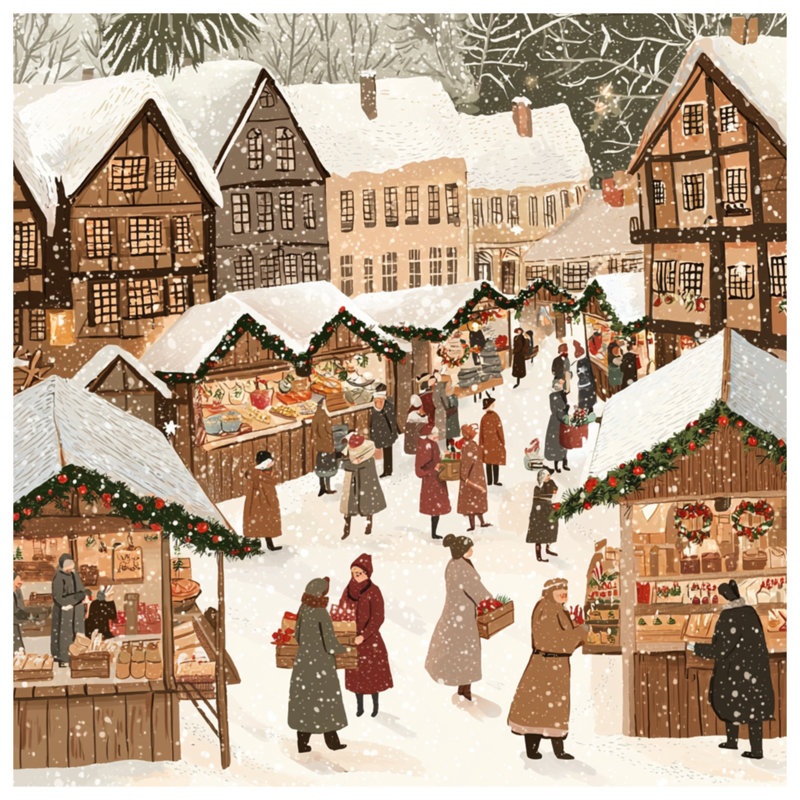 Winter Market Scene Wall Tapestry - Christmas Wall Decor, 50in H x60in W with 4 Grommets