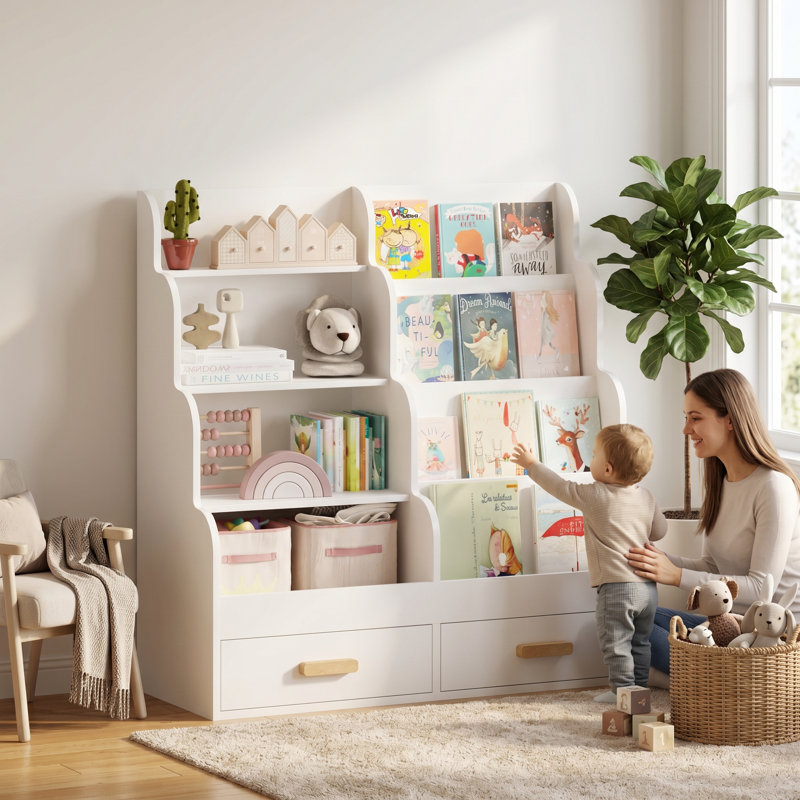Front-Facing Toddler Bookshelf With 2 Storage Drawers, White