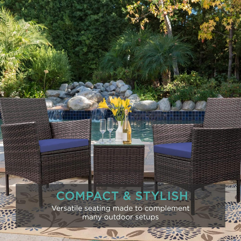 Brown and Navy 3-Piece Outdoor Wicker Patio Bistro Set