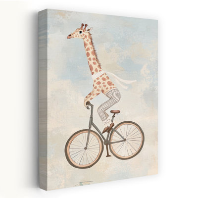 Giraffe Bicycle Sky Ride Dreamy Playful Vintage Giraffe Landscape Nature Wall Art Print by Mathieu - Wrapped Canvas Print