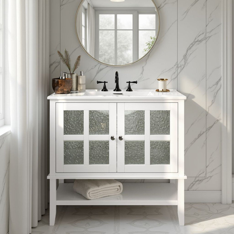 Meuble-lavabo 36 po avec lavabo en céramique - tablette réglable, charnières à fermeture en douceur?, Ivoire ivoire