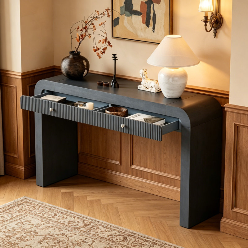 Rustic Console Table With Fluted Drawer, Curved Corners, And Thick Legs For Hallway And Living Room Decor (Dark Navy)