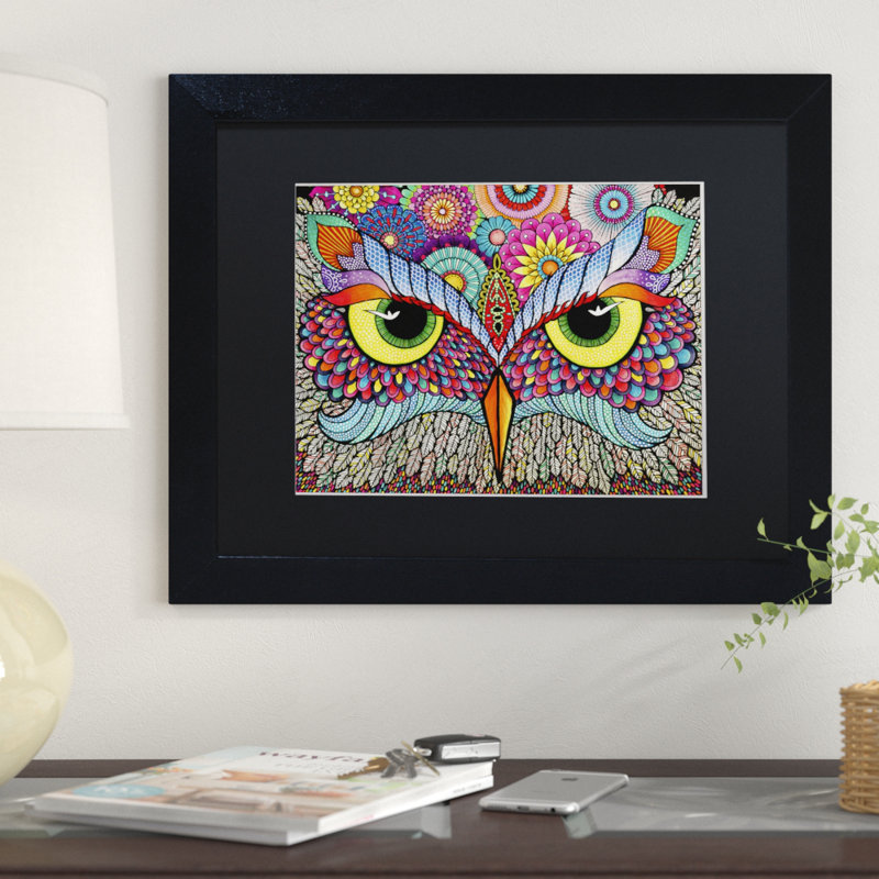 « hibou face », impression encadrée, H 16 po x l 20 po x P 0,5 po, Cadre noir, Noir