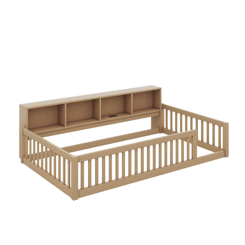 Élégant lit simple en bois TG avec armoires de rangement et ports USB, Brun