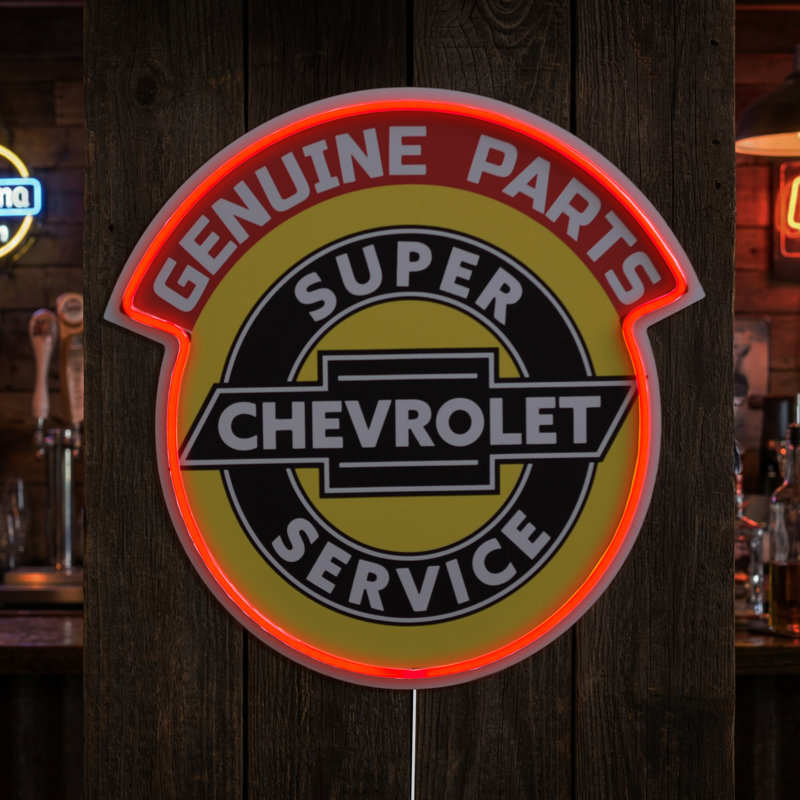 Chevrolet Genuine Parts Super Service LED Plaque Sign - Retro Lighted Wall Decor, Orange Neon-Style