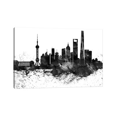 Shanghai Skyline Black & White, Drops by WallDecorAddict - Wrapped Canvas Painting