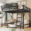 Lit mezzanine double avec échelle, lit mezzanine double en métal avec tablettes de rangement, lit mezzanine pour enfants, noir-1115572498