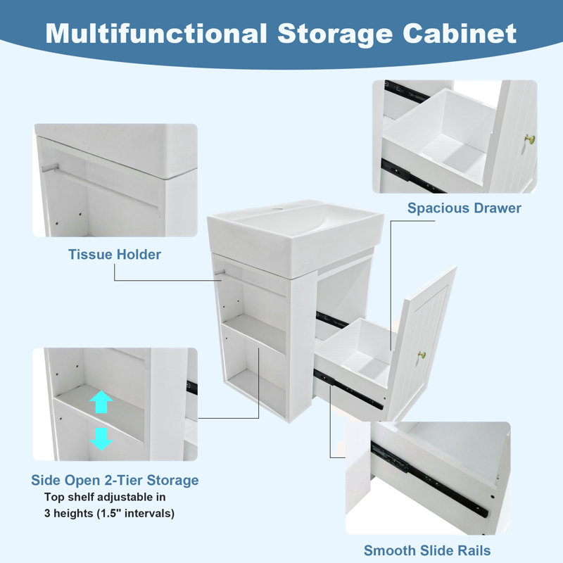 【Petit meuble-lavabo de 20 pouces】 - Lavabo en céramique, armoire de rangement en MDF avec tiroir, tablette latérale et poignée argentée - Conception moderne peu encombrante