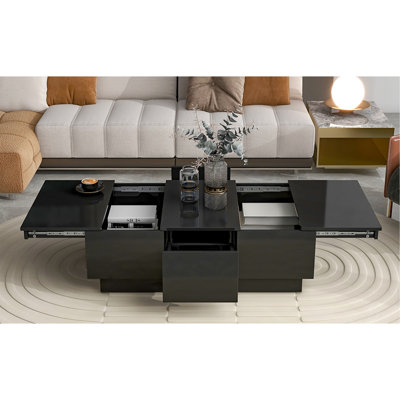 Table basse avec 2 grands compartiments de rangement cachés, table de cocktail extensible avec 2 tiroirs, table centrale ultrabrillante avec plateau coulissant pour le salon, 39,3 po x 21,6 po, blanc