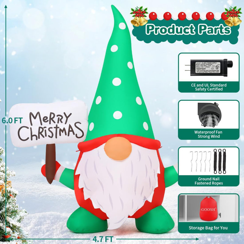 Gnome gonflable de Noël avec lumières DEL