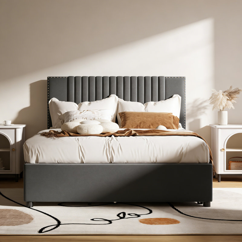 Lit plateforme double tapissier pleine grandeur avec 2 tiroirs et 1 lit gigogne simple, tête de lit classique, gris, Gris