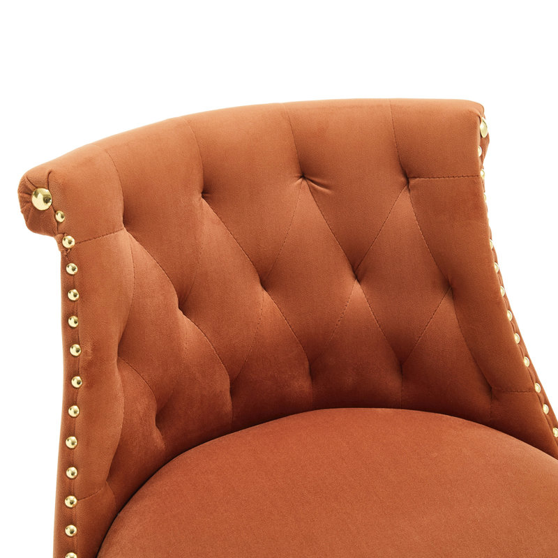 Élégante chaise de bar carrée en bois avec revêtement en velours et pivotant à 360 degrés 2: matériau, rotation à 360 degrés, anneau de traction de dossier amovible, chaise en bois, décoration de rivet, orange