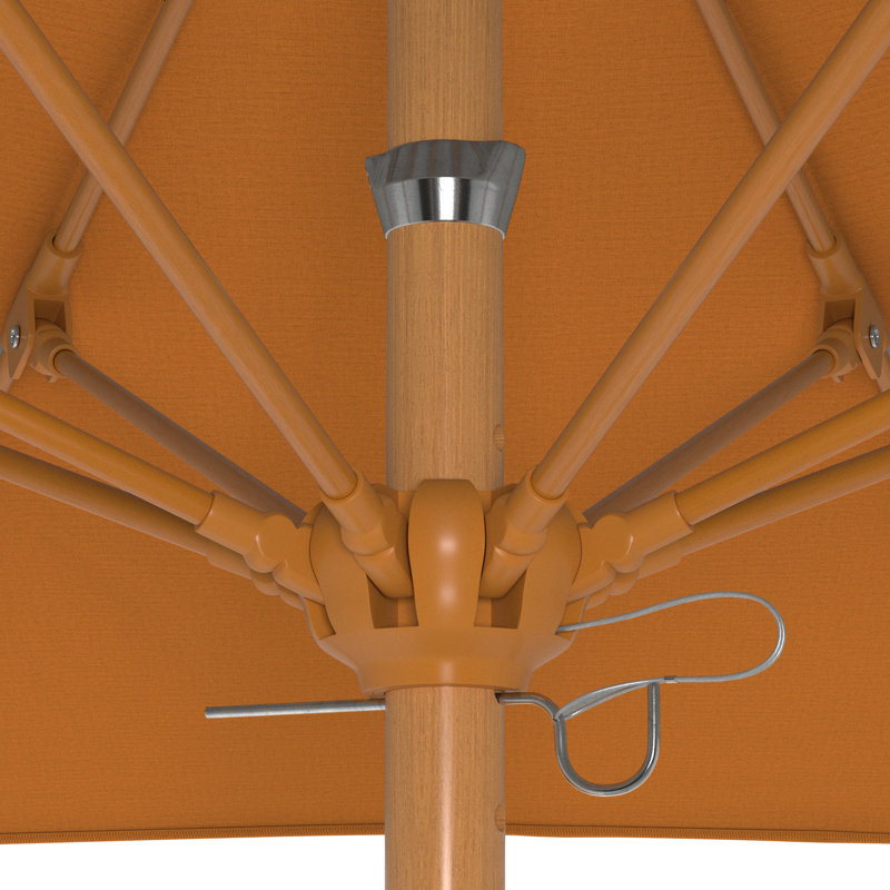 Parasol en bois de teck 7,5 pi avec nervures en fibre de verre et poussoir en tangerine Sunbrella, Orange