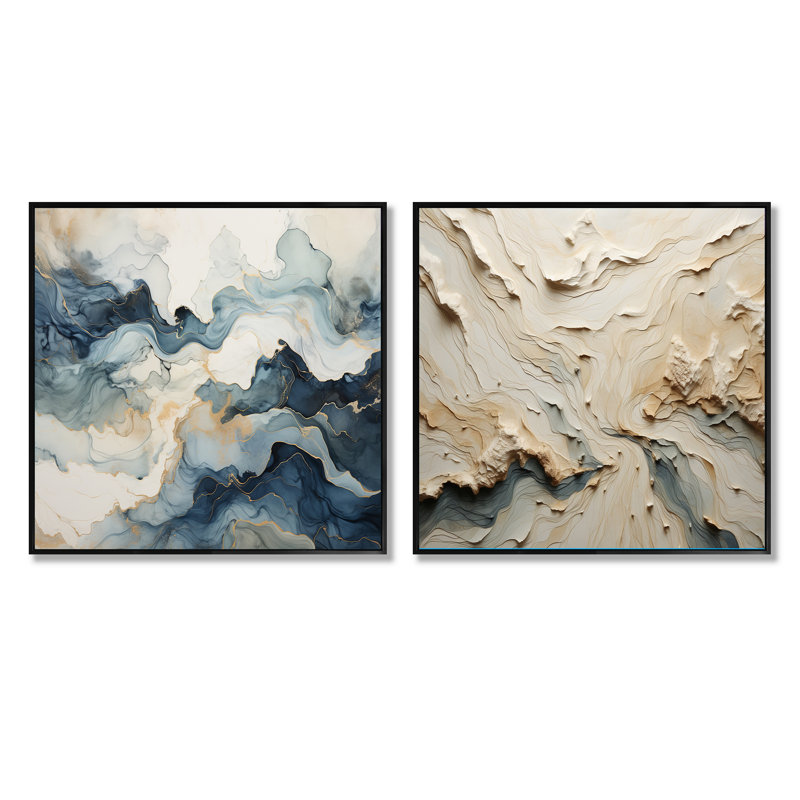 Minimalisme River Mountain Wonders - ensemble de 2 collages abstraits carrés, H 30 po x l 61 po, Cadre flottant noir