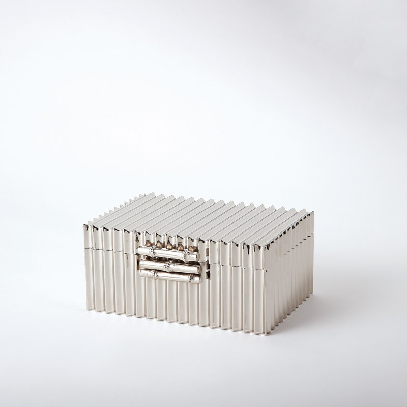 Corrugated Bamboo Handmade Wooden Decorative Box, 4" H x 9" W x 6" D, Nickel