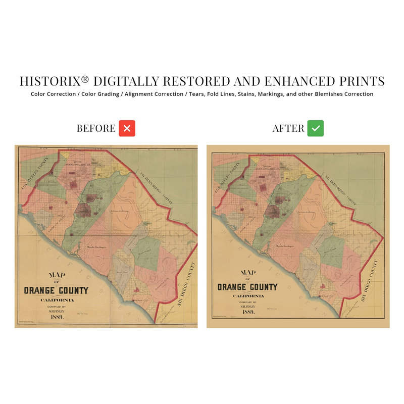 1889, carte du comté d'Orange, Californie, L 16 po x H 16 po