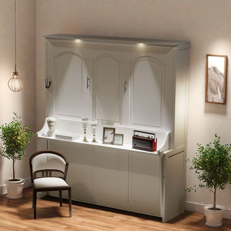 Lit escamotable avec bureau, lumières à DEL et station de charge USB, Blanc