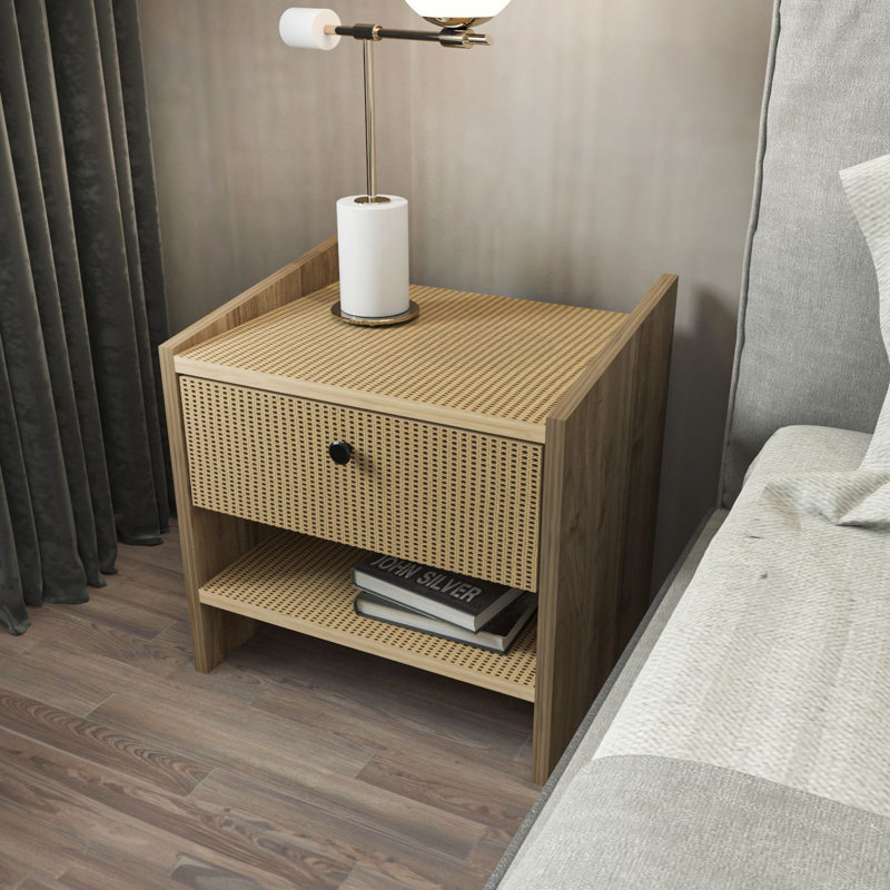 Stylish Nightstand with Rustic Walnut & Hazeran Finish, 17.7 x 17.7 x 13.8 inches | Made of 100% Melamine Coated Particle Board, Thickness: 0.7 inches | Geometric Design Perfect for Modern Bedrooms & Living Rooms