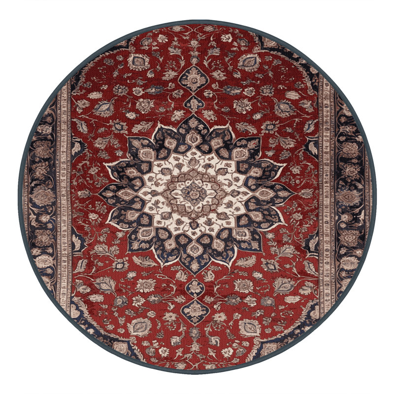 Machine Washable Persian Black Area Rug, Round 5'