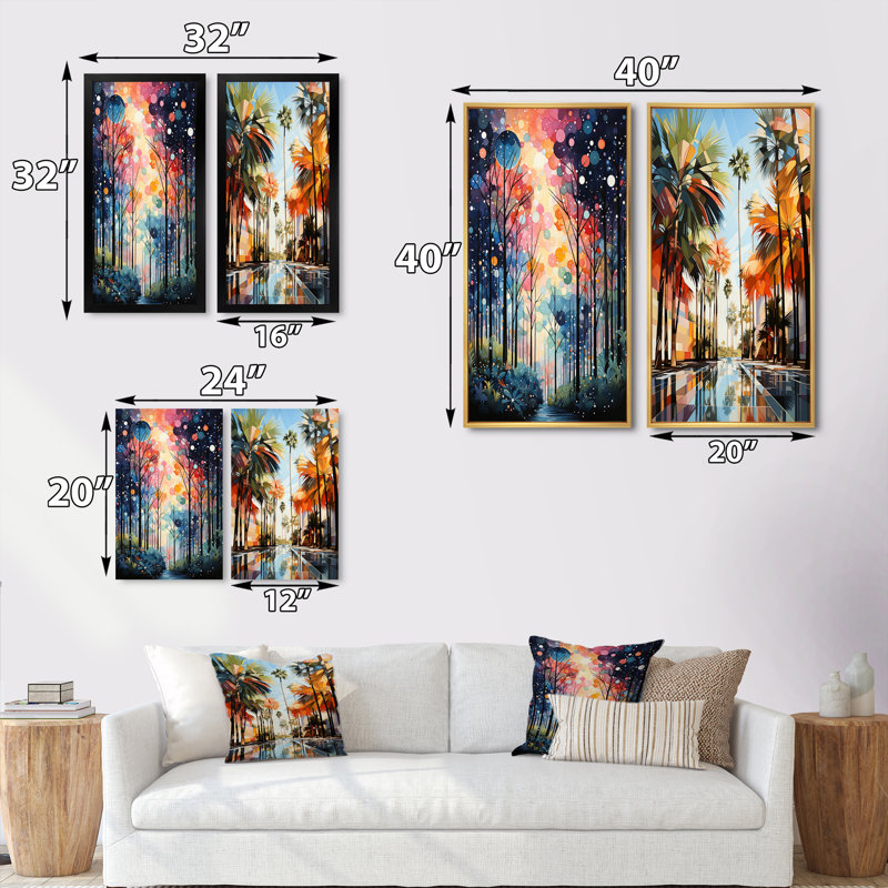 Palmiers - ensemble de 2 décorations murales - art floral imprimé pour la décoration intérieure, Cadre noir