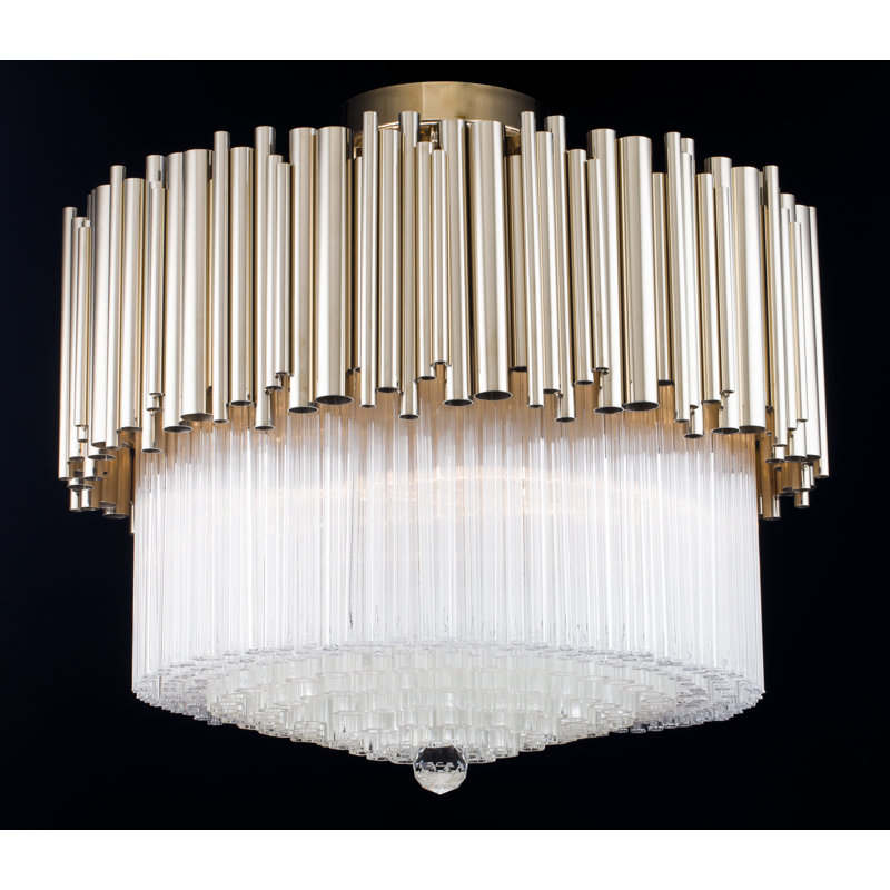 Lustre 6 lumières 2 niveaux or avec tiges de verre transparent
