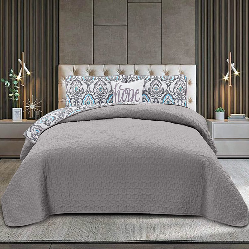 Ensemble de courtepointe réversible en microfibre 4 pièces, Gris foncé