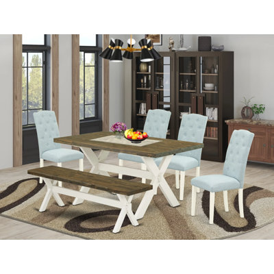 L'ensemble de table de salle à manger 6 pièces contient une table de salle à manger rectangulaire avec des pieds en X et 4 chaises Parson en tissu bleu bébé avec un banc, en lin brossé blanc 