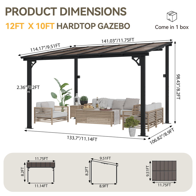 Aoxun 12’X10’ Gazebo Wall Mounted Gazebos Pergola, 98" H x 144" W x 120" D