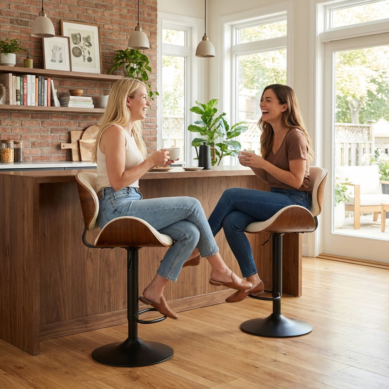 Modern Upholstered Swivel 24”H Barstool, Adjustable Height Counter Stool With Bentwood, Boucle Upholstered Bar Stool With Metal Frame