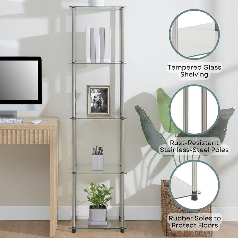Beckett Etagere Glass Bookcase with Metal Poles, Clear