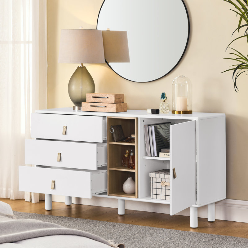 Marylon Storage Cabinet with Doors and Drawers, Modern Wooden Dresser Storage Cabinet with 3 Drawers and Cabinet for Home Office