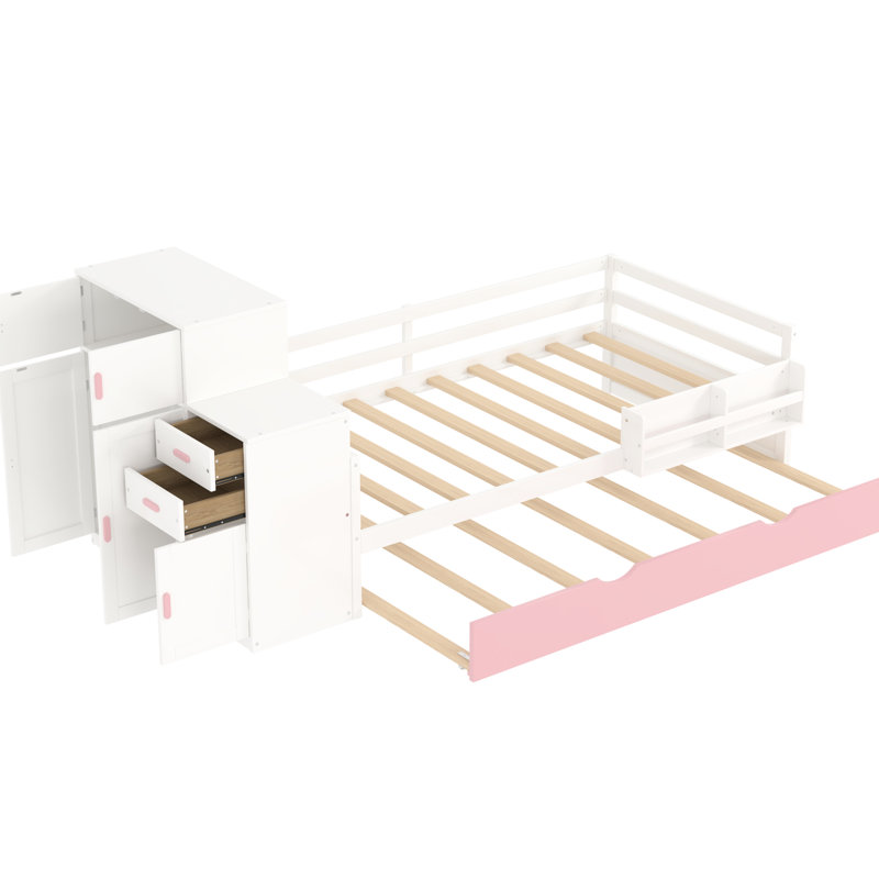 Lit simple multifonctionnel avec bibliothèque intégrée et lit gigogne, garde-robe rose blanc mobile pour les espaces de bureau pratiques et fonctionnels