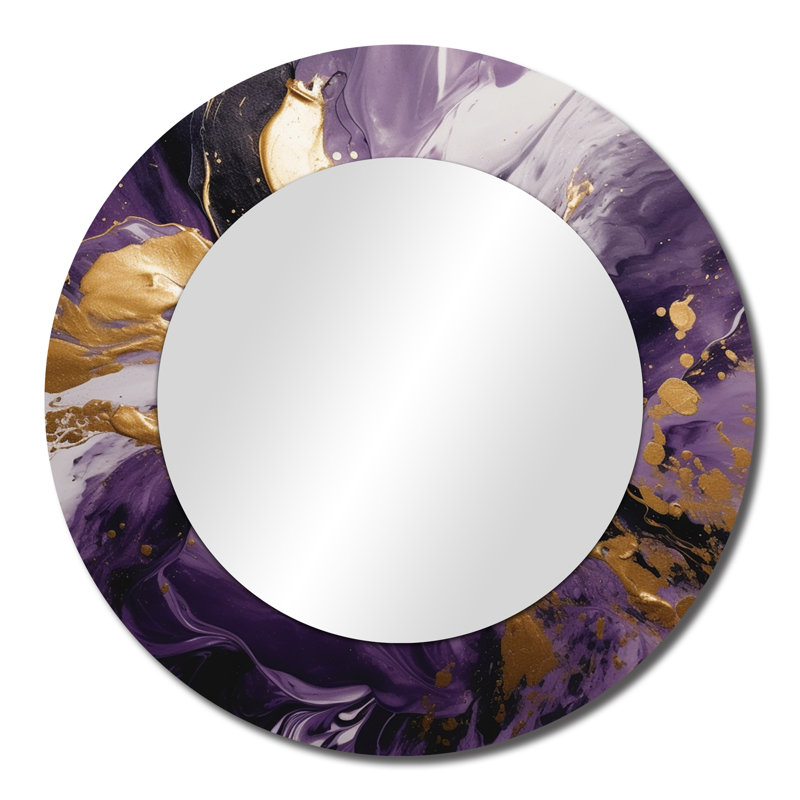 Purple and Gold Liquid Magic II - Abstract Mirror, Modern Round Unique Wall Mirror, Printed Metal Art, 23" x 23"