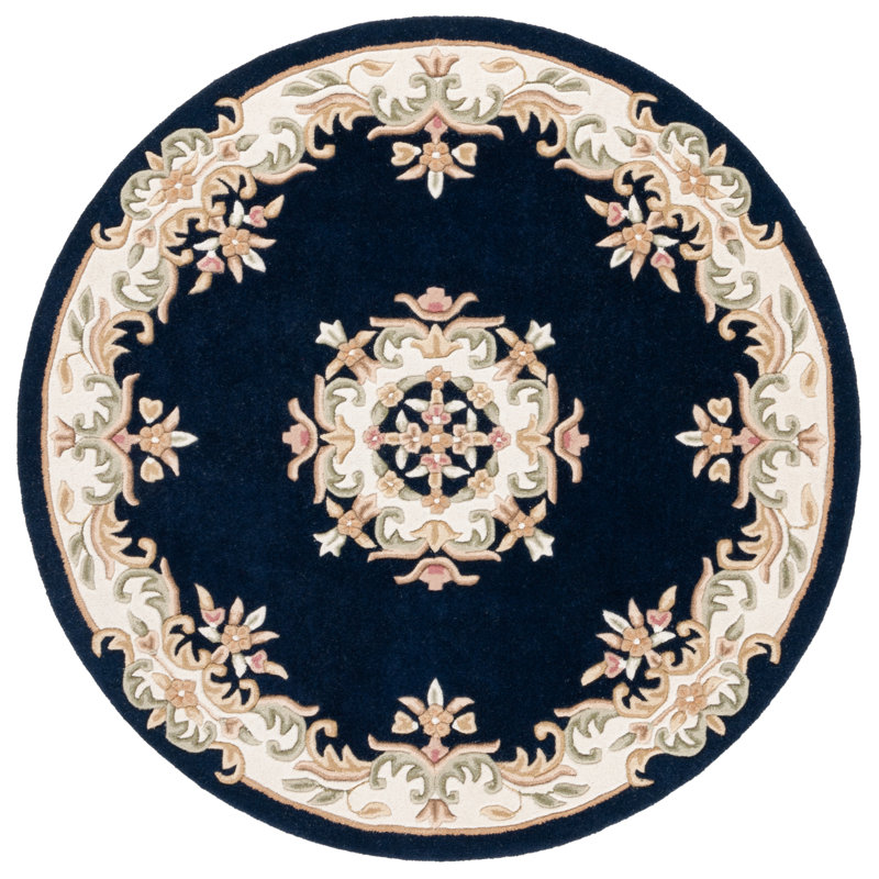 Steller Aubusson Hand Tufted Wool/Cotton Floral Rug in Ivory/Navy, Round 6'