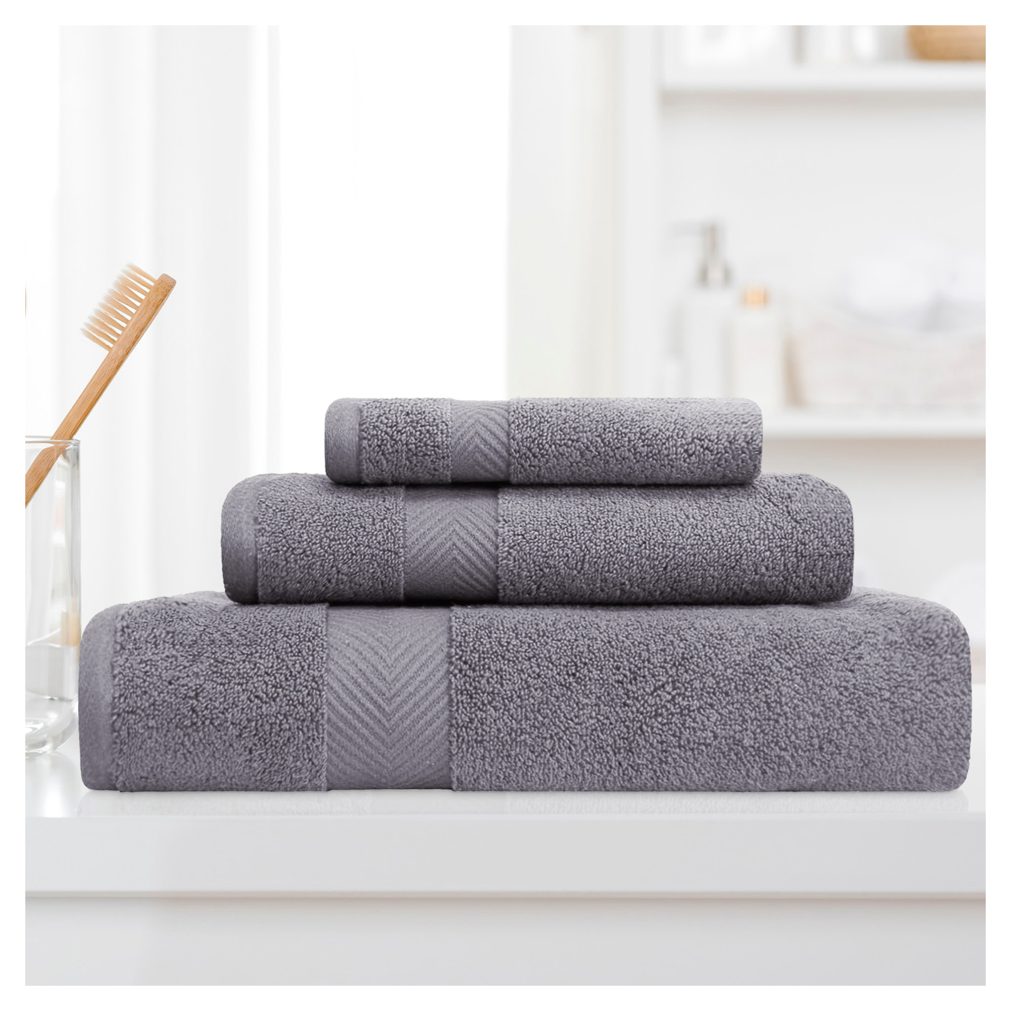 Hamachi Zero-Twist 3 Piece 100% Cotton Towel Set, Grey