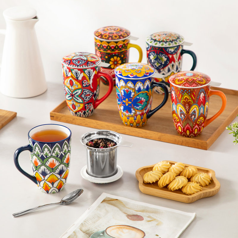 480ml porcelain mug, Dark Green Bohemian-style design, Stainless steel tea infuser