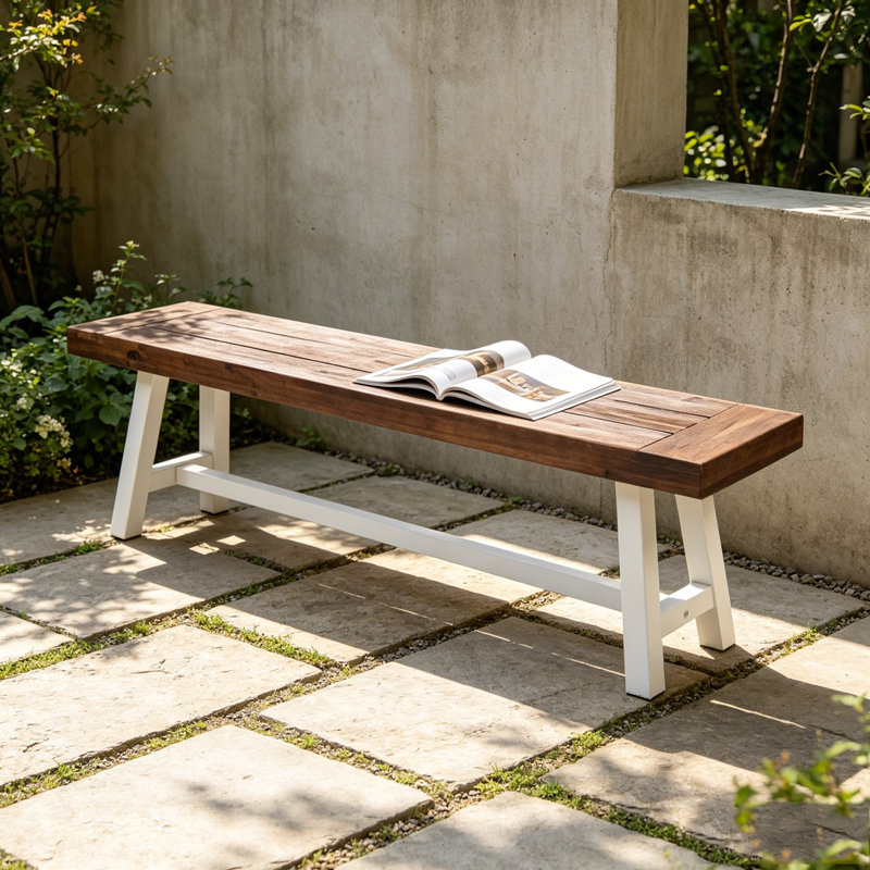 Banc de salle à manger en bois d'acacia avec cadre en métal noir rustique, Brun blanc - 1 pièce
