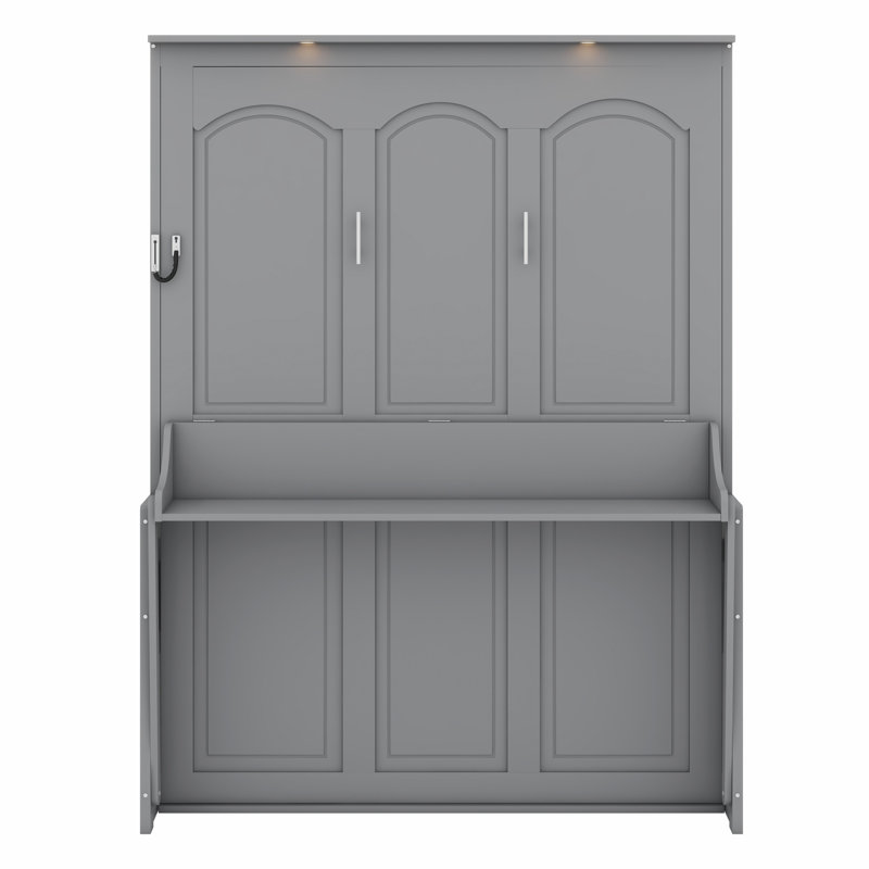 Lit escamotable avec bureau, lumières DEL et station de charge USB, Gris